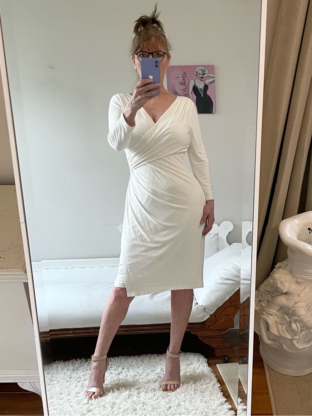 LAUREN RAPLH LAUREN LONG SLEEVE CREAM FAUX WRAP DRESS LINED RUCHING STRETCH